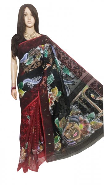 Black , Maroon and mix color hand painted full body work jamdani silk saree